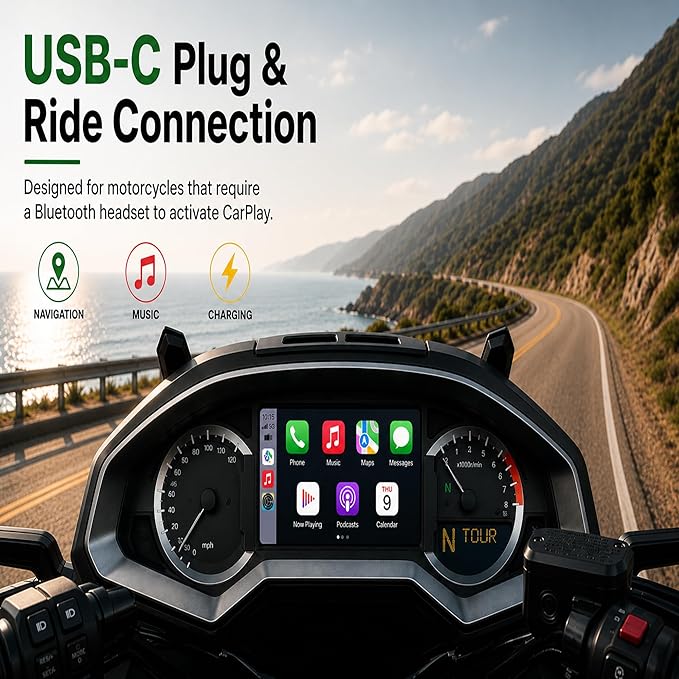 Motorcycle CarPlay Bluetooth Headset Bypass Adapter for Harley Skyline OS & Newer Gold Wing Models, Factory CarPlay Required, No Headset Required, USB-C Passthrough Charging