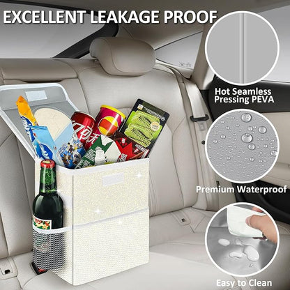 Cute Mini Car Trash Bag with Lid, Glitter Garbage Can Bin Hanging for Back/Front Seat/Console, Waterproof, Leakproof, 2.5 Gallon, Beige Cream Bling Sparkly
