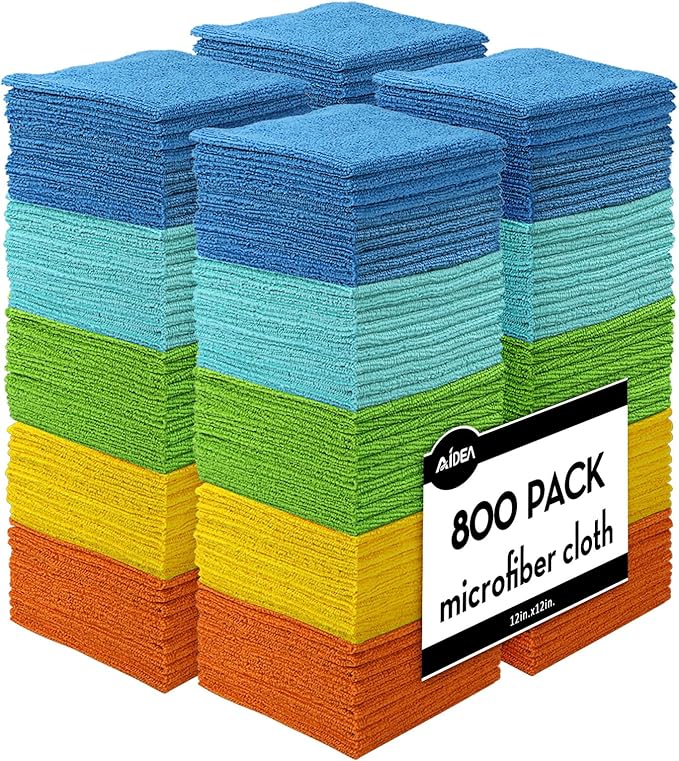 AIDEA Microfiber Cleaning Cloth, 800PK, Soft Absorbent Rags, Microfiber Towels for Cars, Kitchen Towels, Dusting Cloth for Home, Window, Cleaning Supplies, 12"×12"