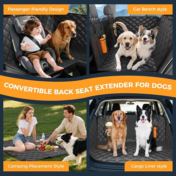 Dog Car Seat Cover for Back Seat, Hard Bottom Back Seat Extender for Dogs - Supports 400lbs, Scratch Resistant, Anti Slip Portable Dog Hammock, Suitable for F150, SUVs and Trucks Black