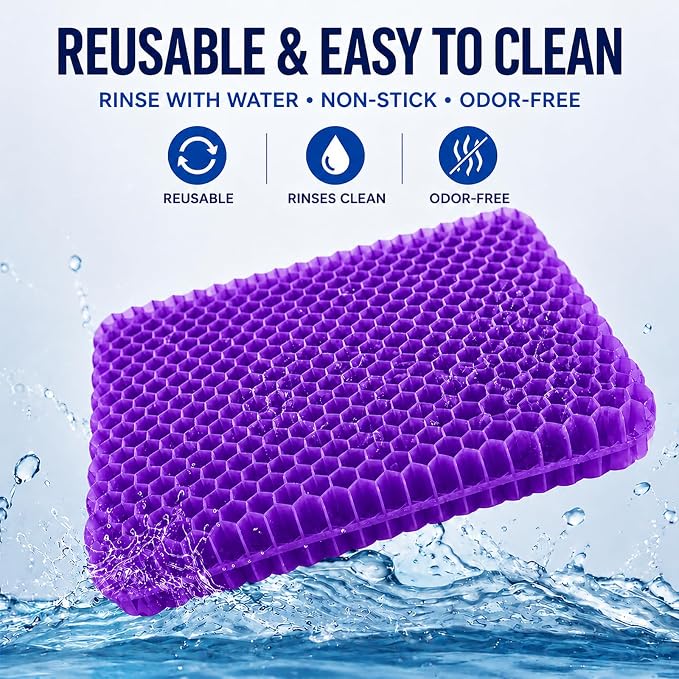Gel Seat Cushion for Long Sitting – Double-Layer Honeycomb Cooling Chair Pad, Thick Supportive Gel Cushion with Breathable Non-Slip Cover for Office Chair Car Wheelchair & Long Sitting（Purple）