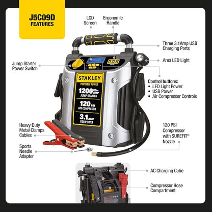Stanley J5C09D 1200 Peak Amp Automotive Jump Starter, Portable Power – 2.1A/10W USB Port, 120 PSI Air Compressor