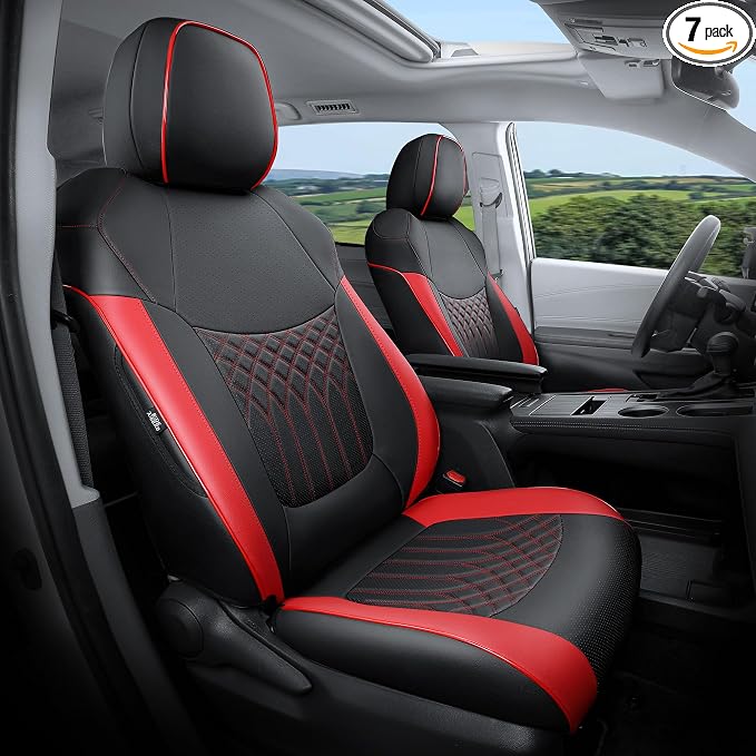 Customized for Toyota Sienna Seat Covers 2021-2026 Sienna 7 Seats 3 Row, Leather Car Seat Covers Waterproof Seat Covers Full Set for Cars, Car Seat Protectors, Airbag Compatible(BlackRed)