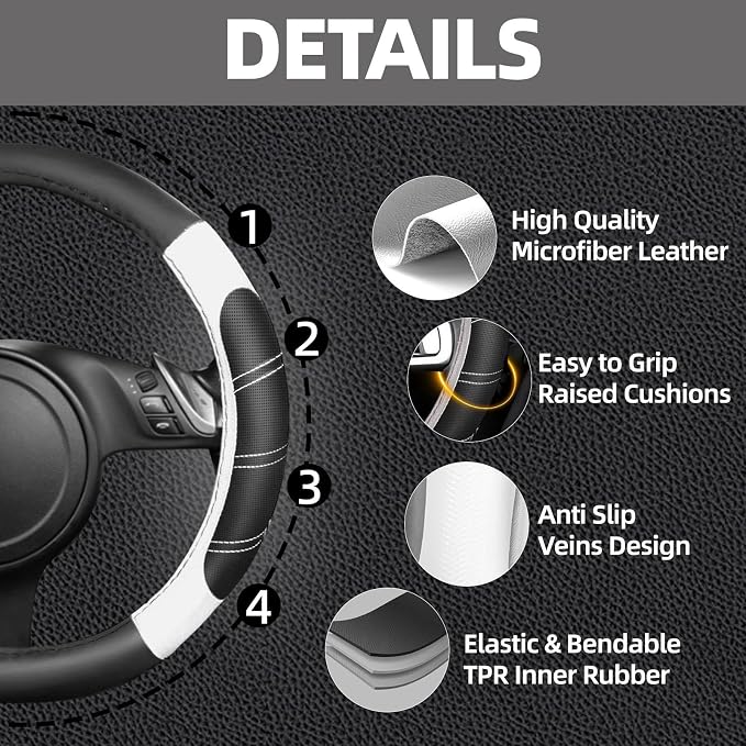 NBTEPEM 6 Pcs White Car Accessories Set, Sport Leather Steering Wheel Cover 14.5-15inch Universal, Microfiber Leather Car Center Console Cover, Seat Belt Cushion, Cup Holder Coaster (Black-White)