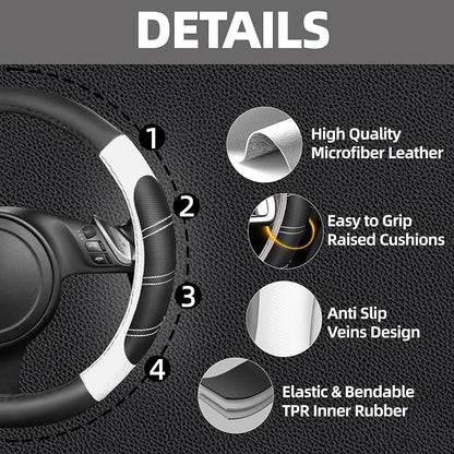 NBTEPEM 6 Pcs White Car Accessories Set, Sport Leather Steering Wheel Cover 14.5-15inch Universal, Microfiber Leather Car Center Console Cover, Seat Belt Cushion, Cup Holder Coaster (Black-White)