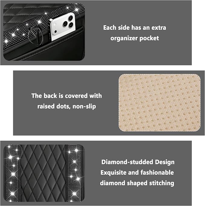 Stacool Upgraded Car Center Console Cover with Rhinestones,Microfiber Leather Car Armrest Cover Cushion with 2 Storage Bags,Universal Cars Armrest Storage Box as Cars Interior Accessories