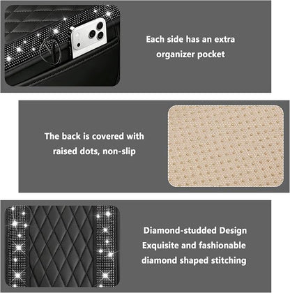 Stacool Upgraded Car Center Console Cover with Rhinestones,Microfiber Leather Car Armrest Cover Cushion with 2 Storage Bags,Universal Cars Armrest Storage Box as Cars Interior Accessories