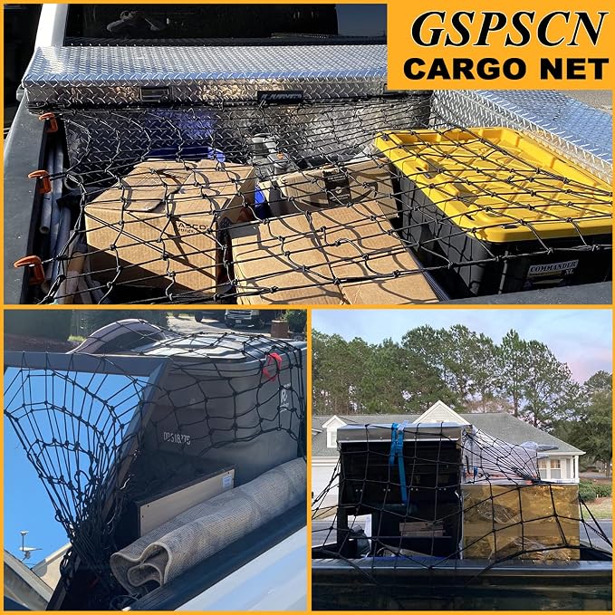 GSPSCN Cargo Net 3' x 4' for Truck Pickup Bed, Trailer,Boat,RV SUV Stretched to 9'x12' Max Roof Rack Net, 4”x4” Mesh Heavy Duty Bungee Cord Net for Tacoma,Frontier,Colorado & Subaru Crosstrek