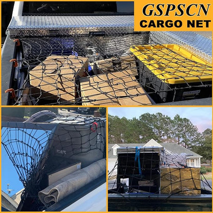 GSPSCN Cargo Net 3' x 4' for Truck Pickup Bed, Trailer,Boat,RV SUV Stretched to 9'x12' Max Roof Rack Net, 4”x4” Mesh Heavy Duty Bungee Cord Net for Tacoma,Frontier,Colorado & Subaru Crosstrek