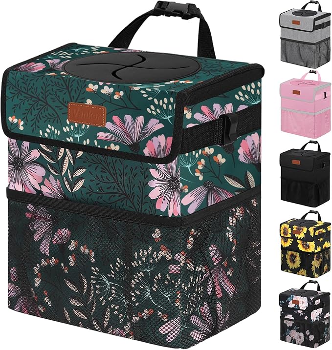 Vankor Car Trash Can for Car Cute, Bag Bin Hanging Waterproof Automotive Garbage Cans Leak Proof Vehicle Trash Can Navy Floral