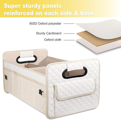 JiatuA Car Trunk Organizer for SUV, Car Storage Organizer Collapsible Multi Compartment Container Box, Adjustable Car Accessories for Women/Men, Large Beige