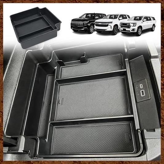 Muslogy for 2021-2026 Yukon Tahoe Suburban Center Console Tray Middle Organizer ABS Armrest Storage Box Compatible with GMC Yukon Tahoe Suburban 2021-2025 2026 Not for Sliding Console(Black)