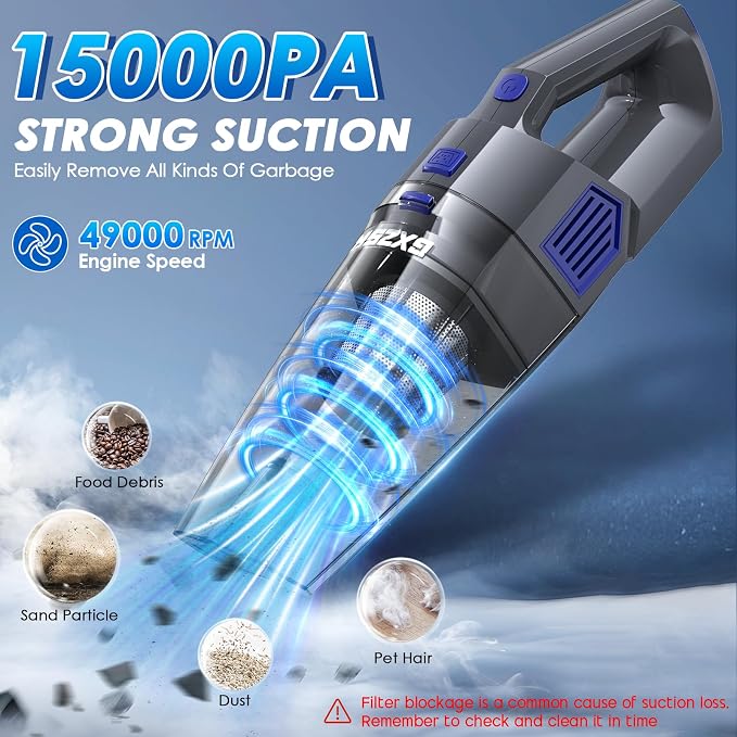 Gxzsk Handheld Vacuum Cordless, 15000PA Strong Suction Hand Held Car Vacuum Cleaner Rechargeable, Portable Hand Vacuum with Multi-Nozzles & Washable Filter for Home Office, Car, Pets