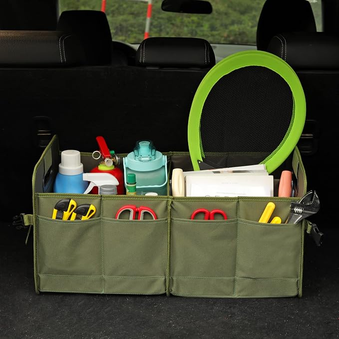 AOKJOY Car Trunk Organizer, Green, Foldable, Non-slip, Adjustable, Multiple Compartments, 600D Oxford Cloth Material
