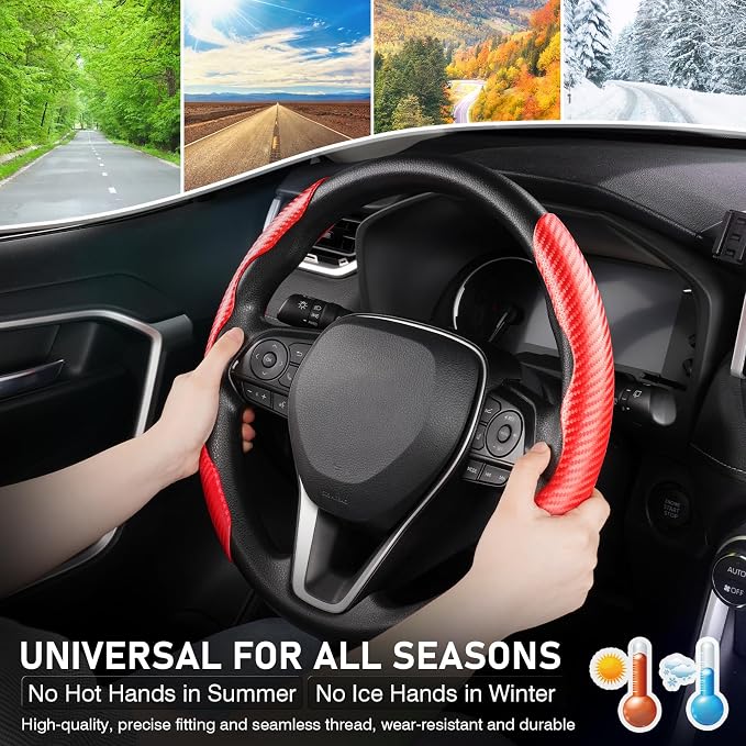 Cartist Steering Wheel Cover, Carbon Fiber Steering Wheel Cover, Car Steering Wheel Cover for Men/Women, Anti-Slip, Comfortable Grip, Durable, Universal for 99% Car Interior Accessories (Red)