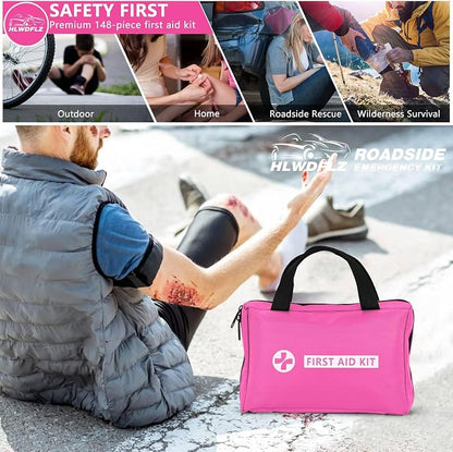 Car Emergency Kit with Portable Air Compressor - Roadside Assistance Emergency Kit with Jumper Cables, First Aid Kit, Auto Tool Set, Winter Safety Kit for Women, Men, Teen (Pink)