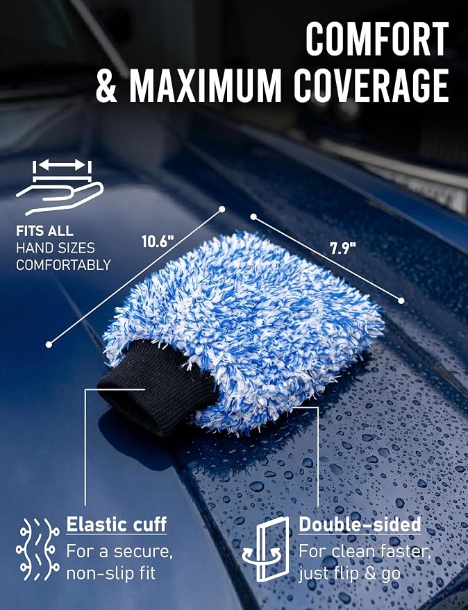 TAKAVU Car Wash Mitt Scratch Free, 2 Pack Microfiber Wash Mitts for Auto Detailing, Soft Lint Free Cleaning Gloves, Holds Sudsy Water, Machine Washable (Blue)
