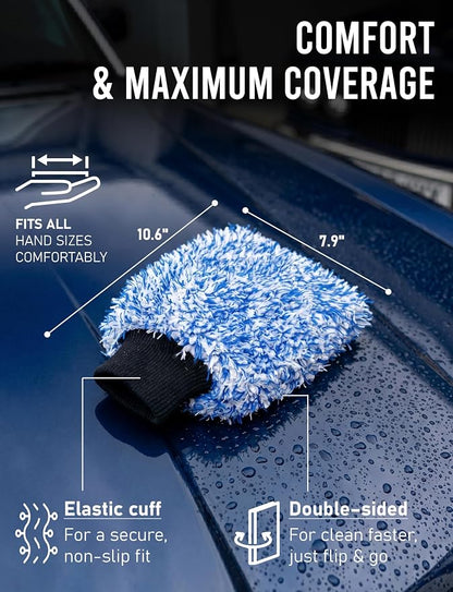 TAKAVU Car Wash Mitt Scratch Free, 2 Pack Microfiber Wash Mitts for Auto Detailing, Soft Lint Free Cleaning Gloves, Holds Sudsy Water, Machine Washable (Blue)