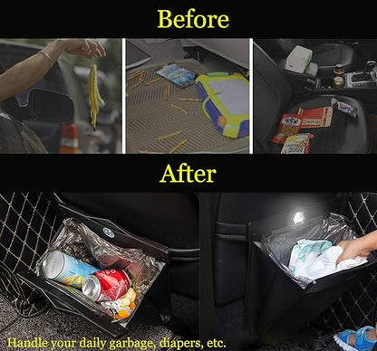 Car Trash Bin w/50pcs Trash Bag Smart LED Luxury Leather Garbage Can Folding Garbage Bin Waterproof Car Rubbish Bag Car Interior Garbage Can Office Toilet Trash Bin for Universal Vehicle-LARGE