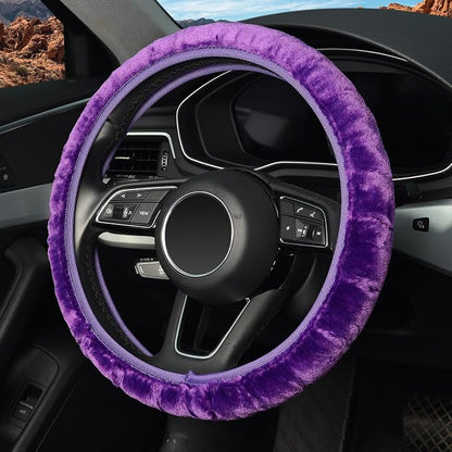 KAFEEK Purple Elastic Fuzzy Steering Wheel Cover, Microfiber Plush Steering Wheel Cover for Woman Girl,Winter Warm, Universal 15 inch