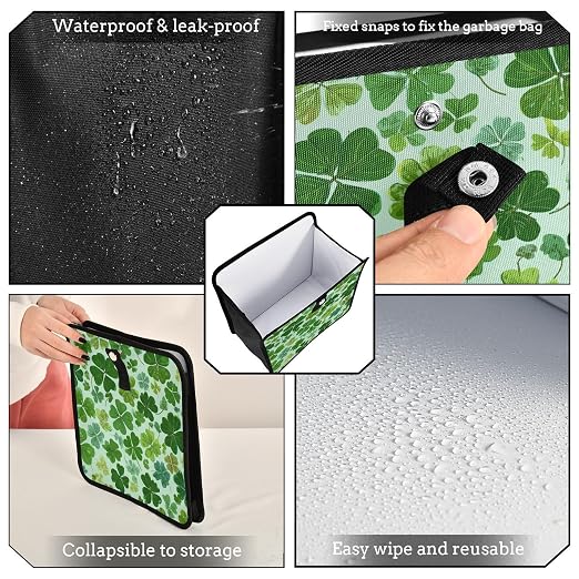 Car Trash Can Organizer Bin with Adjustable Strap for Back Front Seat Console Waterproof Leakproof Collapsible Portable 11 Inch Green Nature St Patrick Clovers