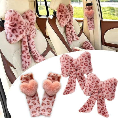 Car Neck Pillow 2PCS Plush Bowknot Car Headrest Pillow – Comfortable Neck Support for Driving Soft Touch Fabric Car Pillow Cute Interior Decor (Pink Leopard Set 4)
