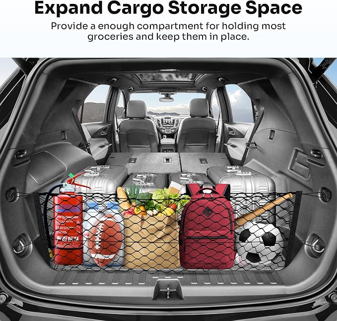 Canvcle Trunk Cargo Net for 2018-2025 2026 Chevy Equinox & GMC Terrain Accessories Envelope Style Mesh Trunk Net Organizer and Storage Stretchable Elastic Nylon Rear Cargo Netting with Hooks