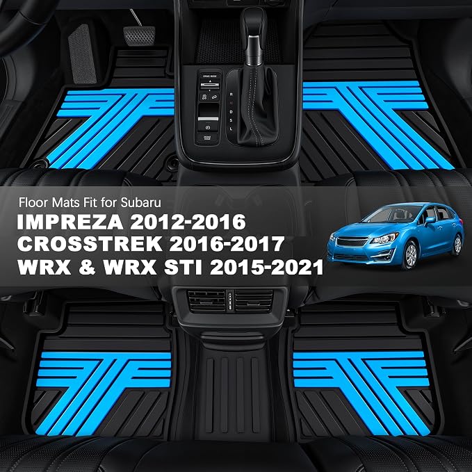 TTX LIGHTING Floor Mats Compatible with Subaru Crosstrek 2016-2017/Impreza 2012-2016/WRX 2015-2021, Custom Fit All Weather 1st & 2nd Row Floor Liners, Black & Blue