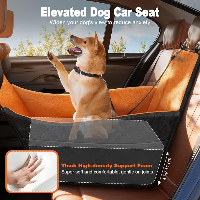 Elevated Dog Car Seat, Dog Booster Car Seats for Small & Medium Breeds Up to 35lbs, Fully Detachable and Washable, Soft Foam Pet Carseat with 2 Storage Pockets & 3 Safety Belts, Black + Brown