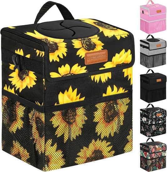 ELONGRIVER Car Trash Can Bin for Back Seat Leak Proof, Cute Car Trash Bag Hanging, Vehicle Trash Can for SUV Truck Van, Automotive Garbage Cans Front Seat Sunflower Floral