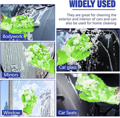 2PCS Car Wash Mitt, 5 Finger Chenille Microfiber Cleaning Mitt for Cars, Scratch-Free Auto Washing Gloves, Car Interior Exterior Cleaning Gloves, Great for Hard-to-Reach Areas (Green)