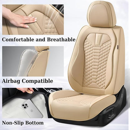 Coverado Car Seat Covers Full Set, Waterproof Nappa Leather Seat Covers for Cars, Universal 5 Seats Car Seat Covers, Front and Back Car Seat Protector, Auto Seat Covers Fit for Most Cars, Beige