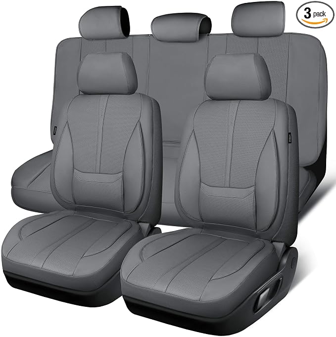 CAR PASS Nappa Leather Seat Covers Full Set, 3D Foam Faux Leather Car Seat Covers with Lumbar Support, Water Resistant Grey Seat Covers Car seat Cover Universal Fit for Cars SUV Truck Vehicles, Gray