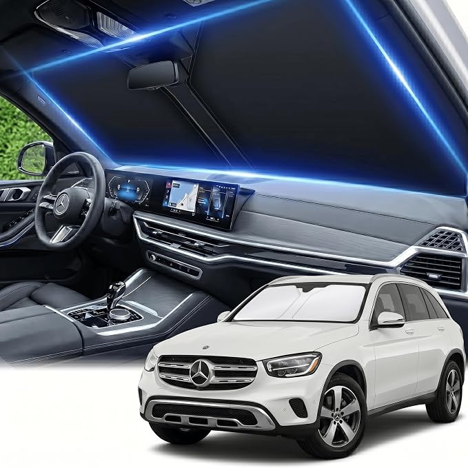Windshield Sun Shade for Benz GLC 2016-2024 2025 2026 Front Window Shade Custom Fit GLC Accessories Sun Visor Foldable Shade Blocks UV Rays Summer Must Have Car Accessories