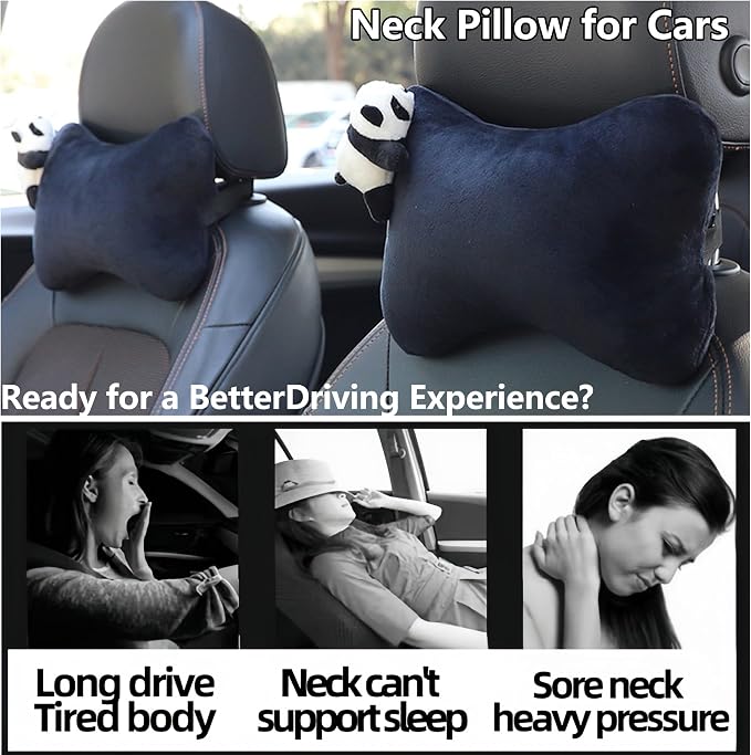 Car Headrest Pillow 2PCS Plush Bear ＆ Bunny Car Seat Headrest Pillow - Memory Foam Neck Support Cushions for Comfortable Driving, Easy Install & Washable (Black)