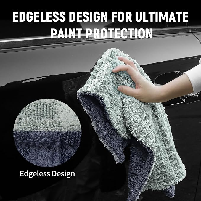 LIVOS 1000GSM Car Drying Towel, 18" x 24" Dual Sided Microfiber Towels for Cars, Ultra Absorbent Lint & Scratch-Free, Edgeless Twisted-Loop, Premium Wash Towel, Check Silver&Grey