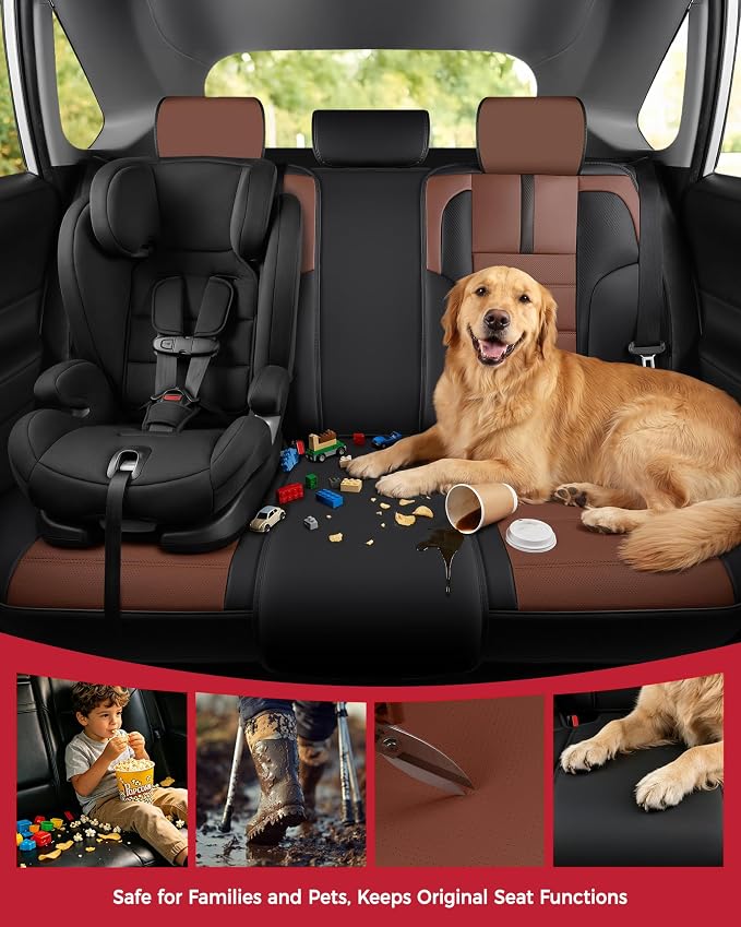 FREESOO Universal Full Seat Covers, Waterproof Faux Leather Automotive Seat Covers with Carbon Fiber Texture Seat Belt Pads, Anti-Slip Airbag Compatible Car Seat Covers for Cars SUVs Trucks