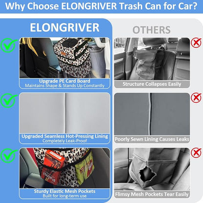 ELONGRIVER Car Trash Can Bin for Back Seat Leak Proof, Cute Car Trash Bag Hanging, Vehicle Trash Can for SUV Truck Van, Automotive Garbage Cans Front Seat Leopard Print