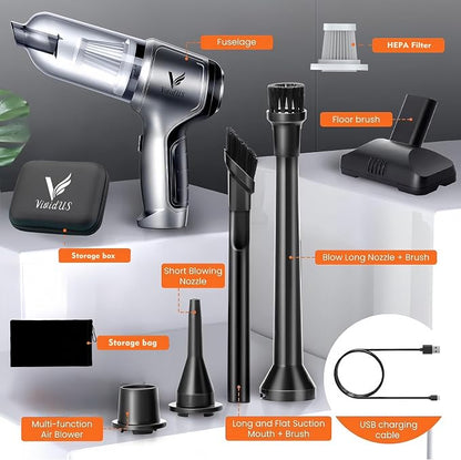 VIVIDUS Handheld Vacuum Cordless, 15000PA Car Vacuum Cleaner High Power, Small Vacuum Cleaner & Blower Portable, 4-in-1 Versatile Rechargeable Handheld Vacuum for Car, Home, Pet Hair Cleaning, White