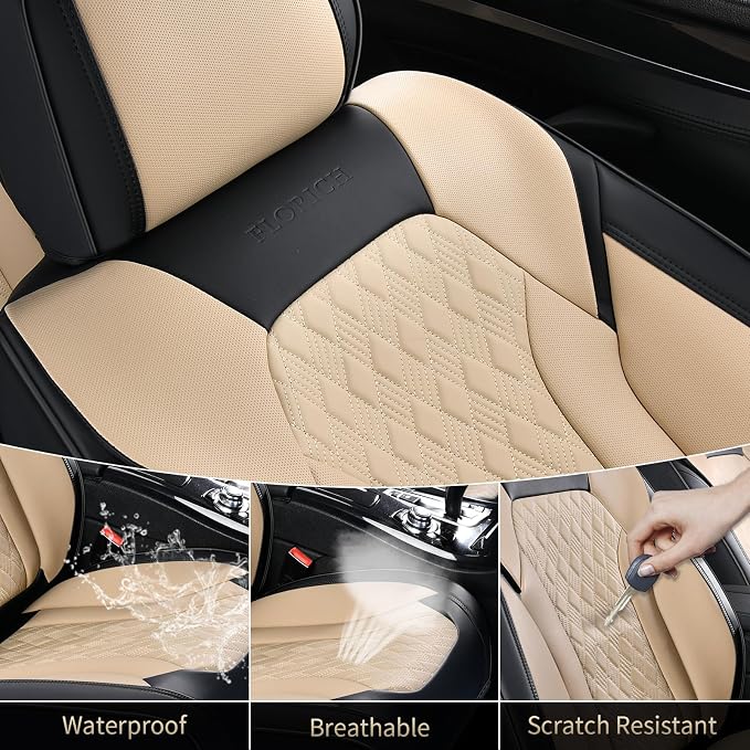FLORICH Seat Covers, Car Seat Covers Full Set, Luxury Nappa Leather Seat Covers, Breathable and Waterproof Car Seat Protector 5 Seat, Automotive Seat Covers Universal Fit for Most Cars-Black&Beige