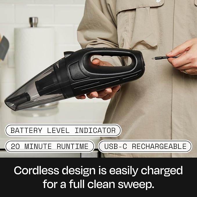 BUFF Handheld Vacuum Cordless - Portable and Rechargeable Car Vacuum Cleaner with LED Flashlight, Crevice Tool, Brush, and Storage Case for Home, Office, Car, Pets - Black