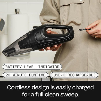 BUFF Handheld Vacuum Cordless - Portable and Rechargeable Car Vacuum Cleaner with LED Flashlight, Crevice Tool, Brush, and Storage Case for Home, Office, Car, Pets - Black