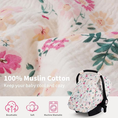 Rquite Car Seat Cover Baby, Carseat Covers Girl Boy, Breathable Muslin Cotton, Large Mesh Window, Infant Car Seat Canopy Baby Carrier Cover Stroller Sun Shade for Summer & Hot Day