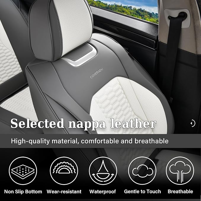 Coverado Car Seat Covers Front Seats, Luxury Leather Seat Covers for Cars, Automotive Car Seat Covers Protector Universal Fit Most Sedans, SUVs, Pick-up Trucks Interior Accessories(Gary&White)