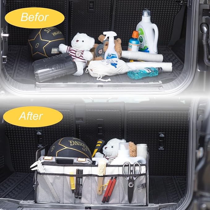 JiatuA Car Trunk Organizer, Car Organizers and Storage Collapsible Multi Compartment Container Box, Adjustable Car Accessories for SUV Sedan Truck, Standard Size, Grey