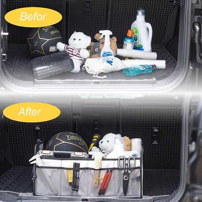 JiatuA Car Trunk Organizer, Car Organizers and Storage Collapsible Multi Compartment Container Box, Adjustable Car Accessories for SUV Sedan Truck, Standard Size, Grey