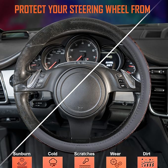 CAR PASS Wood Grain Microfiber Leather Steering Wheel Cover, Universal Fit for 14 1/2-15 inch Gray Steering Wheel, Anti-Slip Veins Design,Cars, Suvs,Minivans, Sedans (Gray)