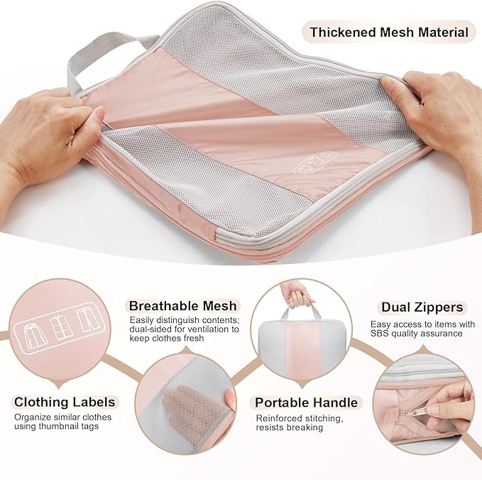 OlarHike 2 Set Compression Packing Cubes for Travel Essentials,Compressible Expandable Space Saver Bags for Organizing Clothes,Luggage Suitcase Garment Bags with Over 1000 pcs Mesh Holes(Beige)