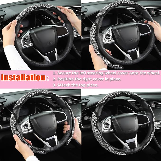 West Llama Diamond Bling Car Steering Wheel Cover with Crystal Rhinestones,3PCS Segmented Steering Wheel Protector,Universal for 99% Cars for Women(Black with White Diamond)