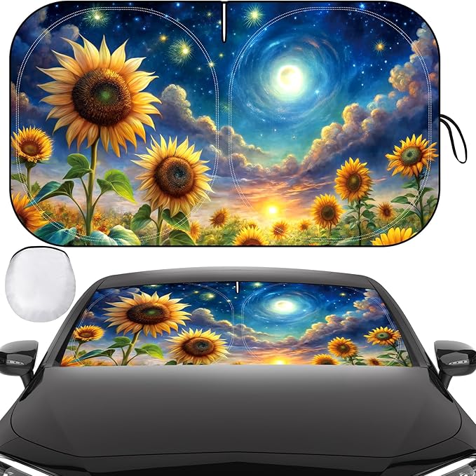 Windshield Sun Shade, Car Sun Shade Windshield, Reflector Sunshade Offers Ultimate Protection for Car Interior, Reflective Polyester Blocks Heat for Sedans, Mini SUVs, Hatchbacks - 57 x 31.5 inches